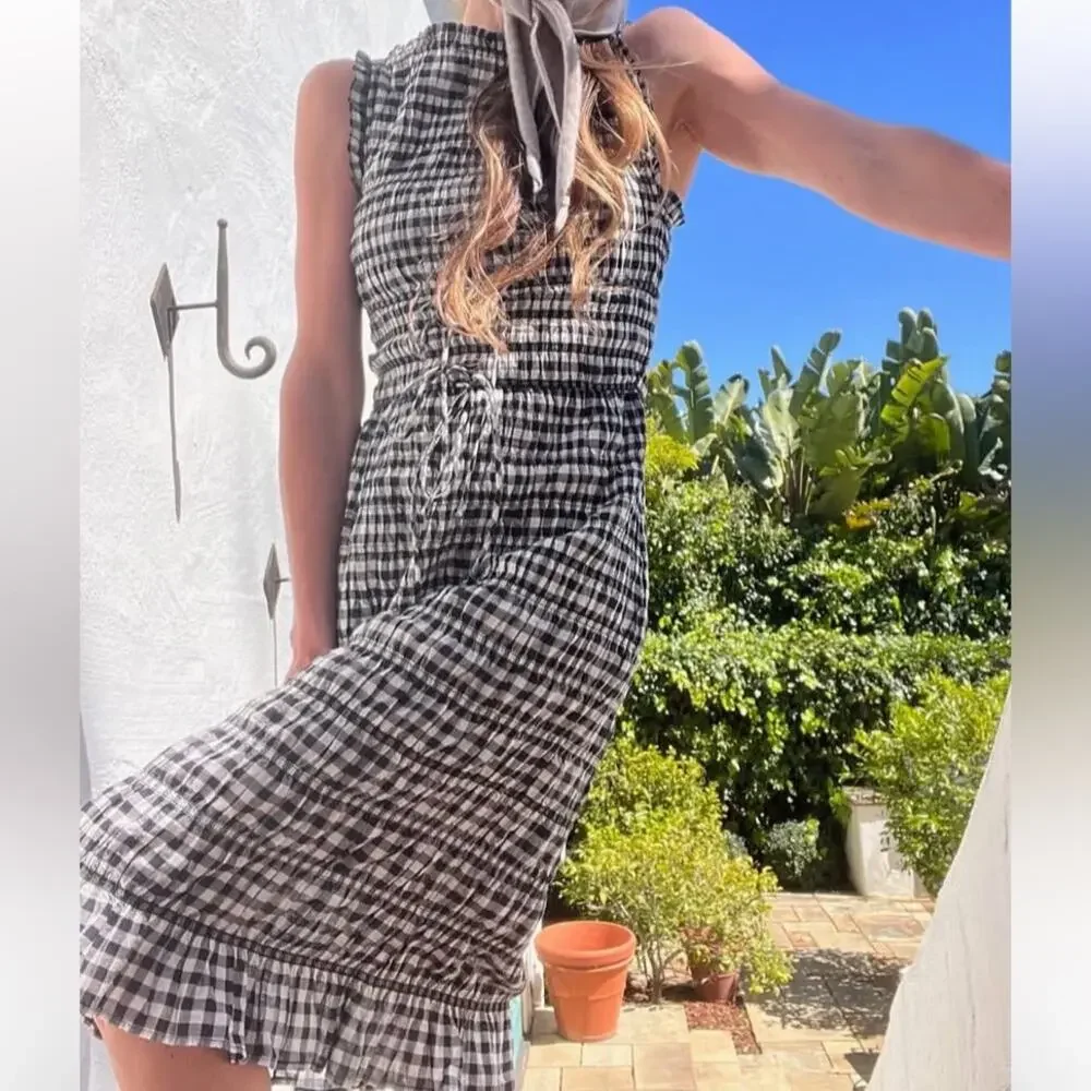 Doen Rosella Cotton Smocked Sleeveless Midi Dress Noir Greta Gingham Black - Picture 8 of 16